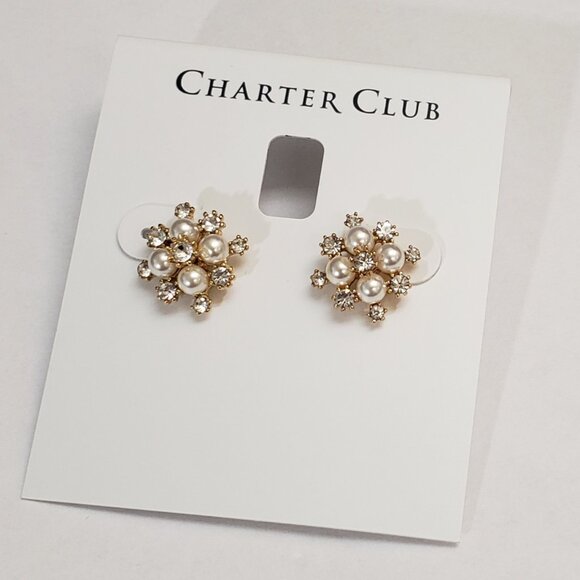 Charter Club Jewelry - Charter Club, NWT, Gold tone, pearl clear rhinestone cluster pierced earrings
